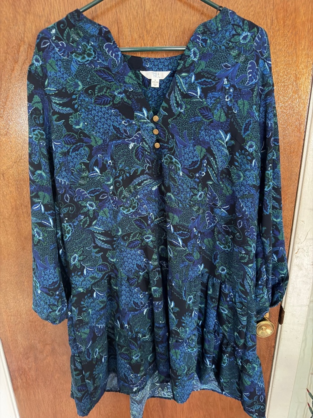 Time & Tru Size Large Dress-Blue, Green, & Black with Gold buttons